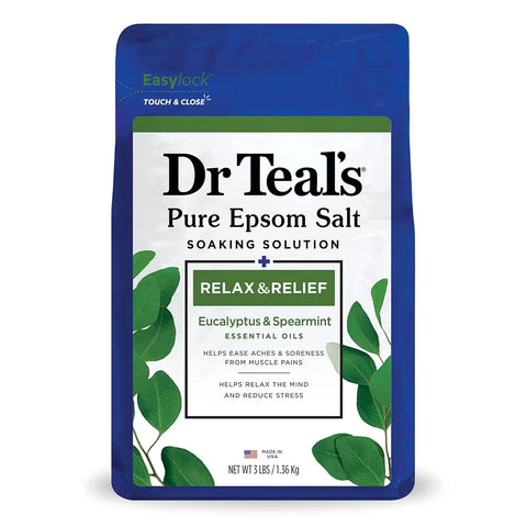 Dr Teal's Body Wash with Pure Epsom Salt, Relax & Relief with Eucalyptus & Spearmint, 24 fl oz (Pack of 4) (Packaging May Vary) & Pure Epsom Salt Soak, Relax & Relief with Eucalyptus & Spearmint, 3lbs