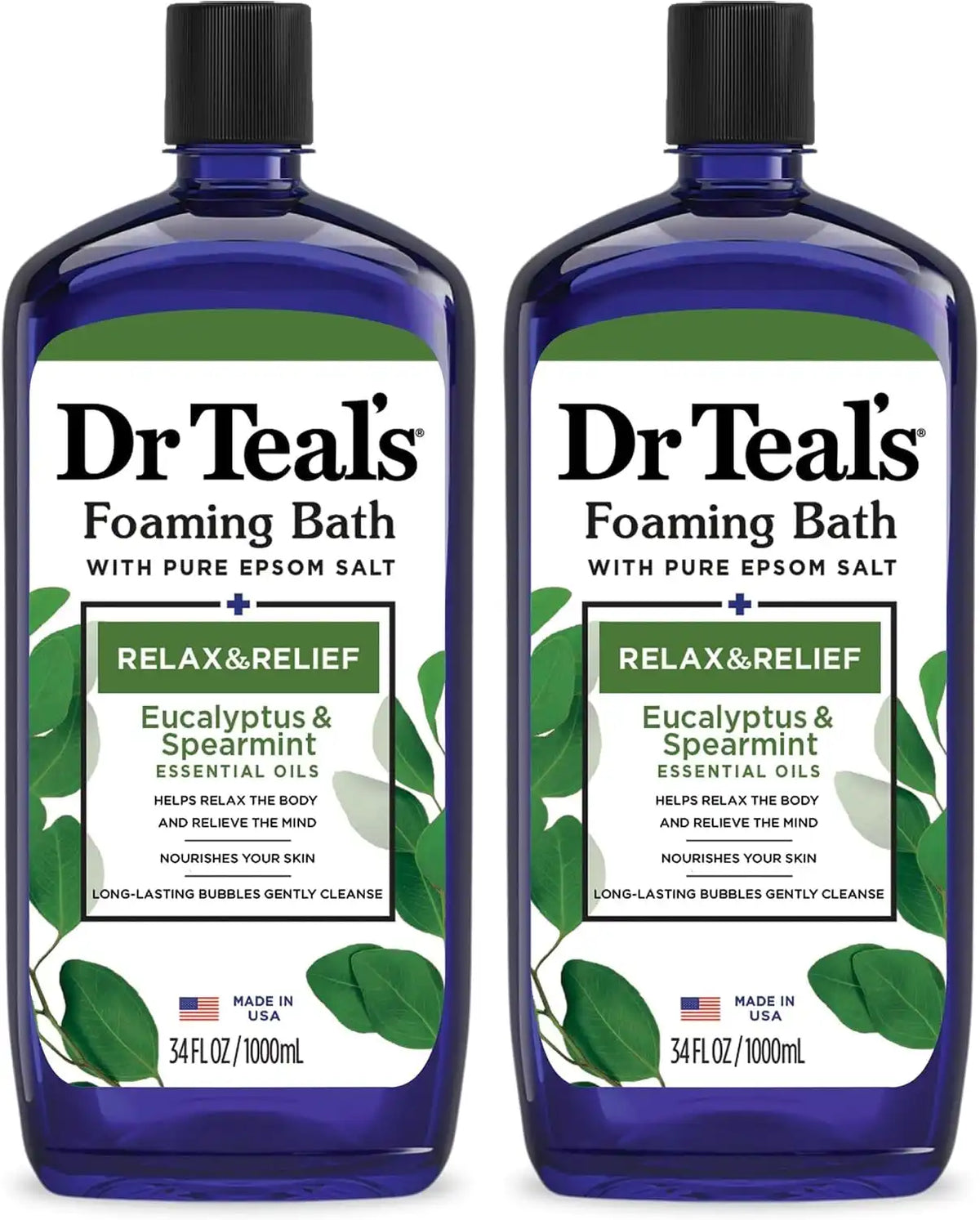 Dr Teal's Foaming Bath with Pure Epsom Salt,Relax & Relief with Eucalyptus & Spearmint,34 fl oz,2 Count (Pack of 6)