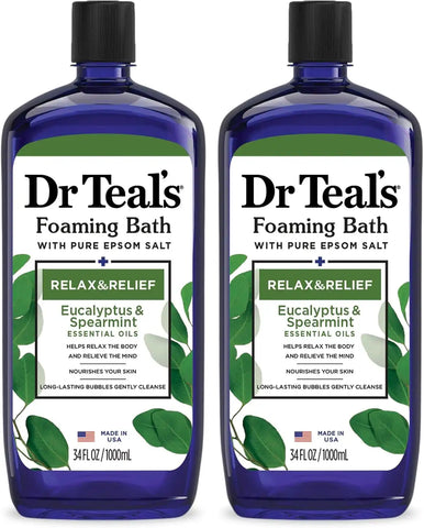 Dr Teal's Foaming Bath with Pure Epsom Salt,Relax & Relief with Eucalyptus & Spearmint,34 fl oz,2 Count (Pack of 6)