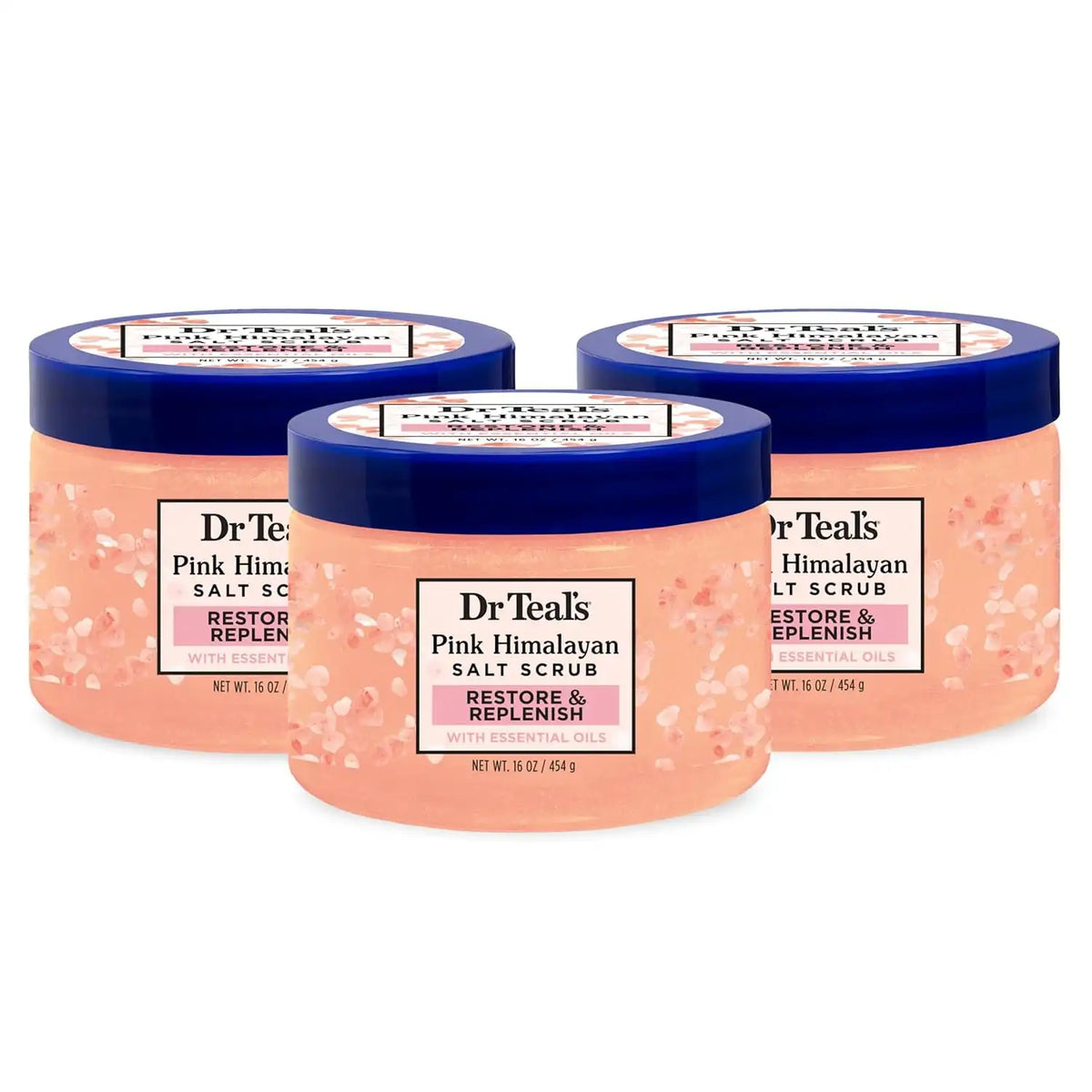 Dr Teal's Pink Himalayan Salt Body Scrub, Restore & Replenish with Pure Epsom Salt & Essential Oils, 16 oz (Pack of 3)