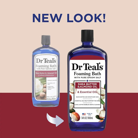 Dr Teal's Foaming Bath with Pure Epsom Salt, Shea Butter & Almond, 34 fl oz (Pack of 4) (Packaging May Vary) & Salt Soak with Pure Epsom Salt, Shea Butter & Almond, 3 lbs