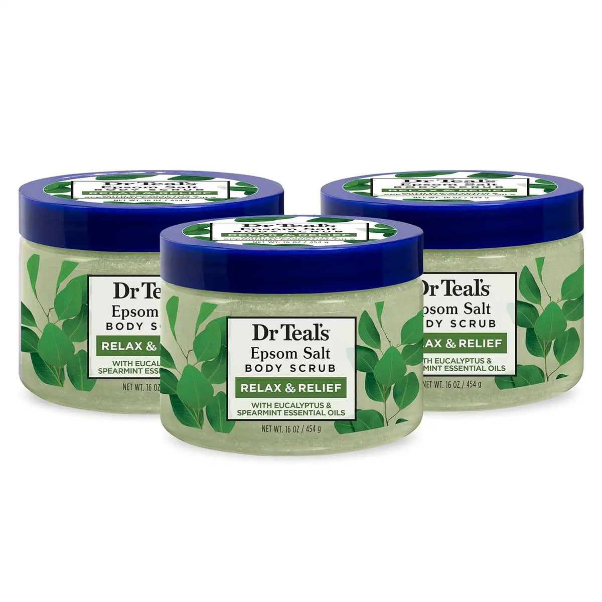 Dr Teal's Pure Epsom Salt Body Scrub, Relax & Relief with Eucalyptus & Spearmint Essential Oils, 16 oz (Pack of 3)