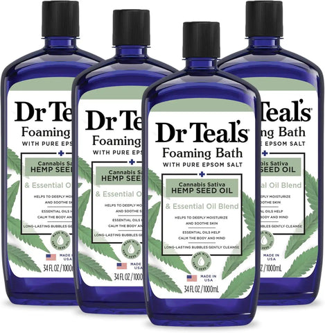 Dr Teal's Foaming Bath with Pure Epsom Salt, Cannabis Sativa Hemp Seed Oil, 34 fl oz (Pack of 4)
