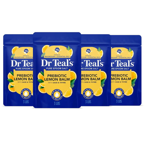 Dr Teal's Pure Epsom Magnesium Salt Soak, Prebiotic Lemon Balm & Essential Oil, 3 lbs (Pack of 4)