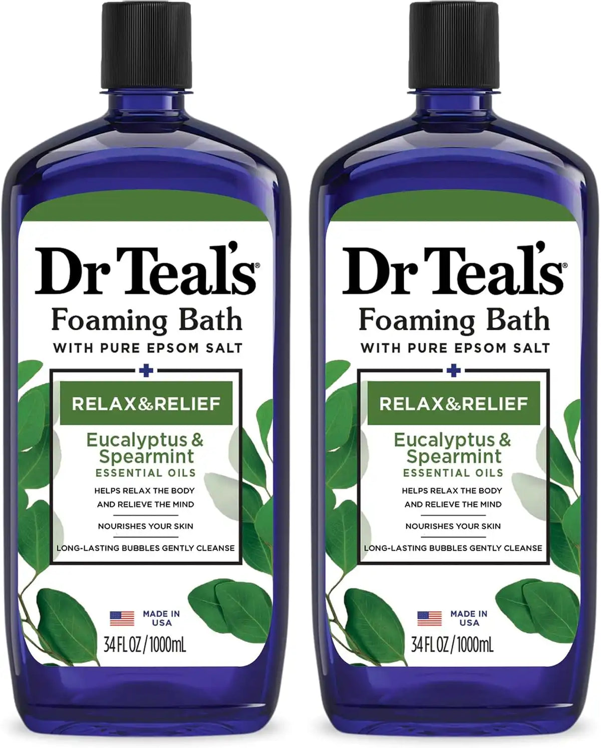 Dr Teal's Foaming Bath with Pure Epsom Salt, Relax & Relief with Eucalyptus & Spearmint, 34 fl oz (Pack of 2)