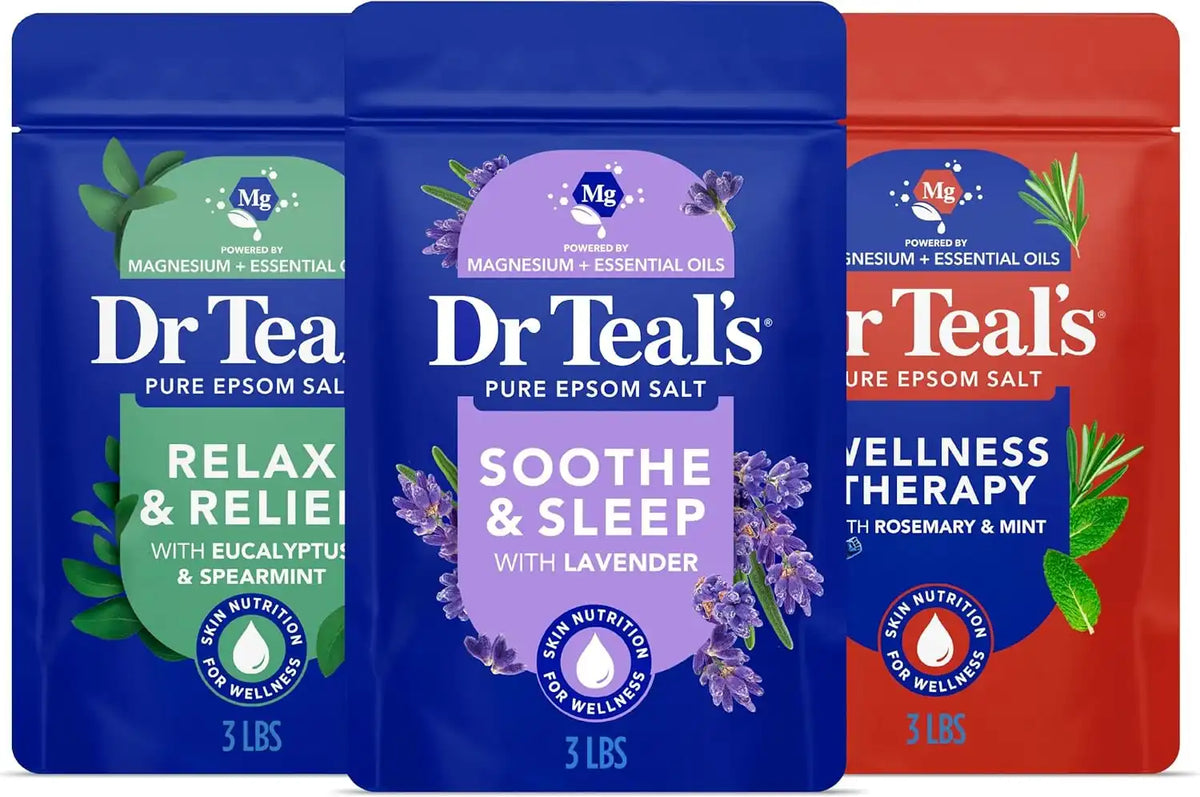 Dr Teal's Epsom Salt Magnesium Soak, Lavender, Eucalyptus & Wellness Trio, 3 lbs (Pack of 3)