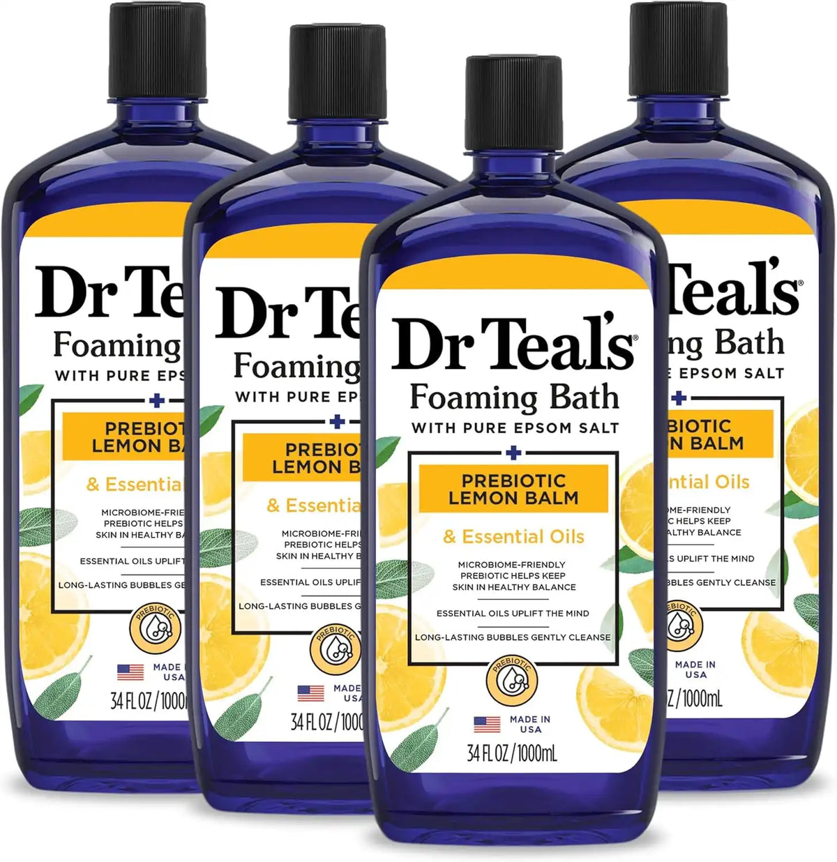 Dr Teal's Foaming Bath with Pure Epsom Salt, Prebiotic Lemon Balm & Essential Oils, 34 fl oz (Pack of 4)