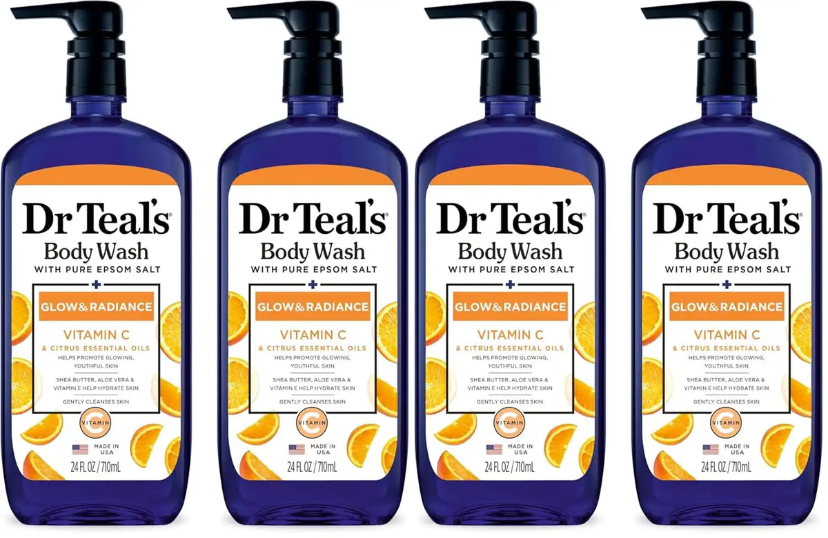 Dr Teal's Body Wash with Pure Epsom Salt, Glow & Radiance with Vitamin C & Citrus Essential Oils, 24oz (Pack of 4)