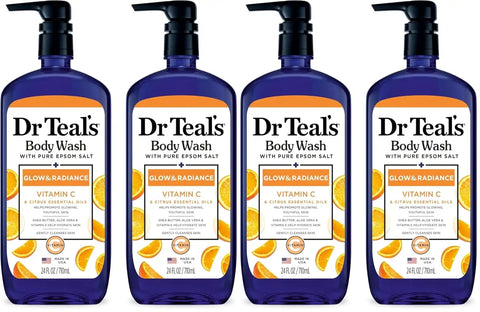 Dr Teal's Body Wash with Pure Epsom Salt, Glow & Radiance with Vitamin C & Citrus Essential Oils, 24oz (Pack of 4)