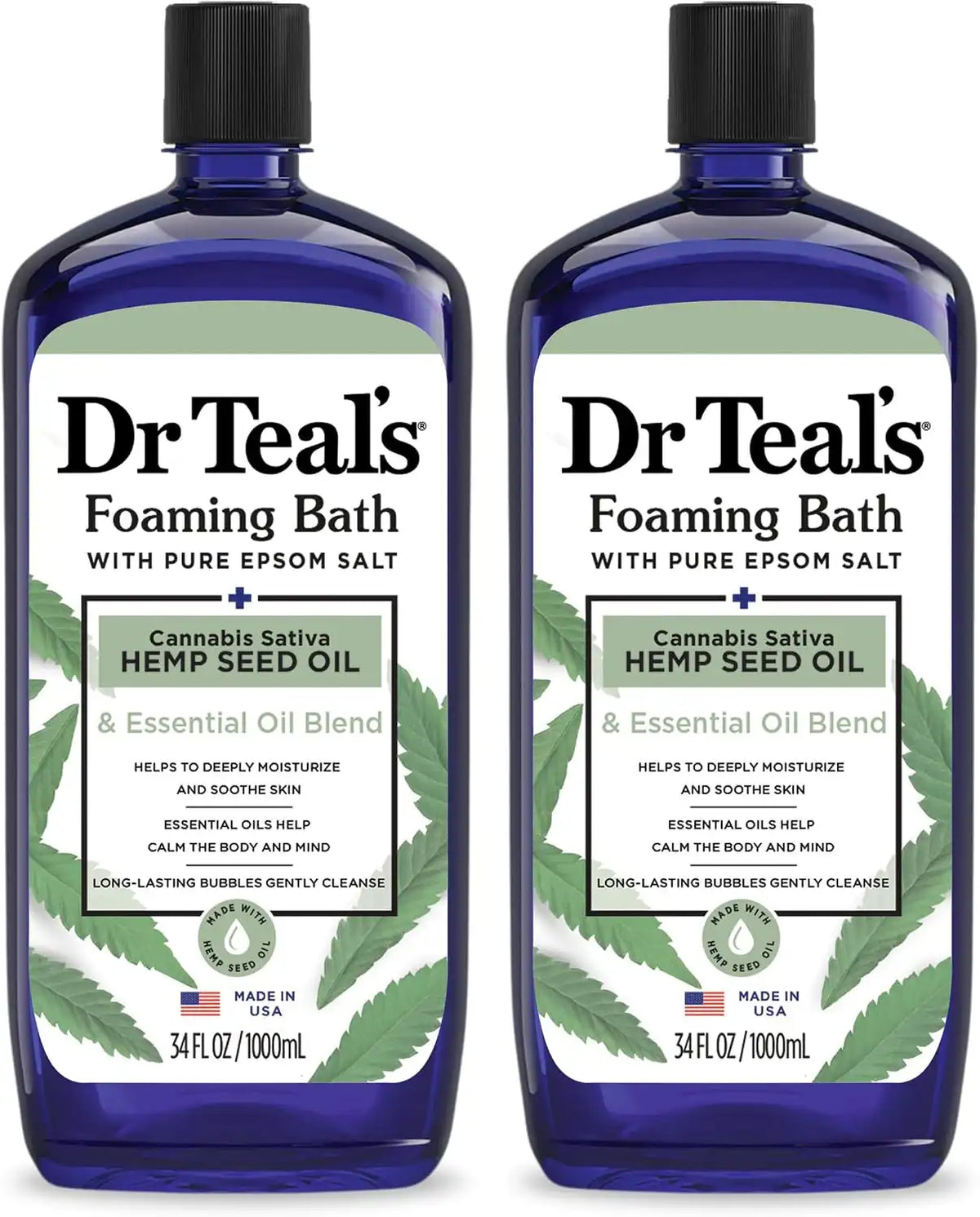 Dr Teal's Foaming Bath with Pure Epsom Salt, Cannabis Sativa Hemp Seed Oil, 34 fl oz (Pack of 2)