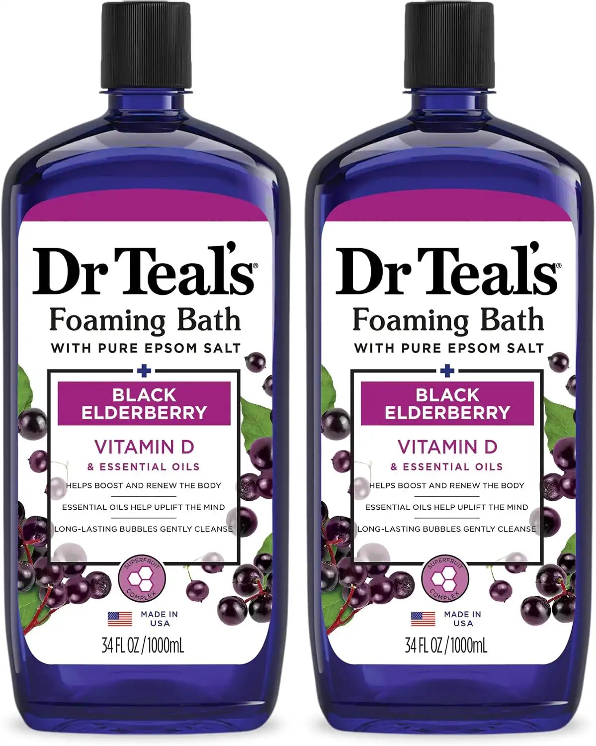 Dr Teal's Foaming Bath with Pure Epsom Salt, Black Elderberry with Vitamin D, 68 Fl Oz (Pack of 6)