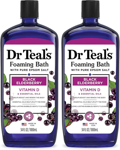 Dr Teal's Foaming Bath with Pure Epsom Salt, Black Elderberry with Vitamin D, 34 fl oz (Pack of 2)