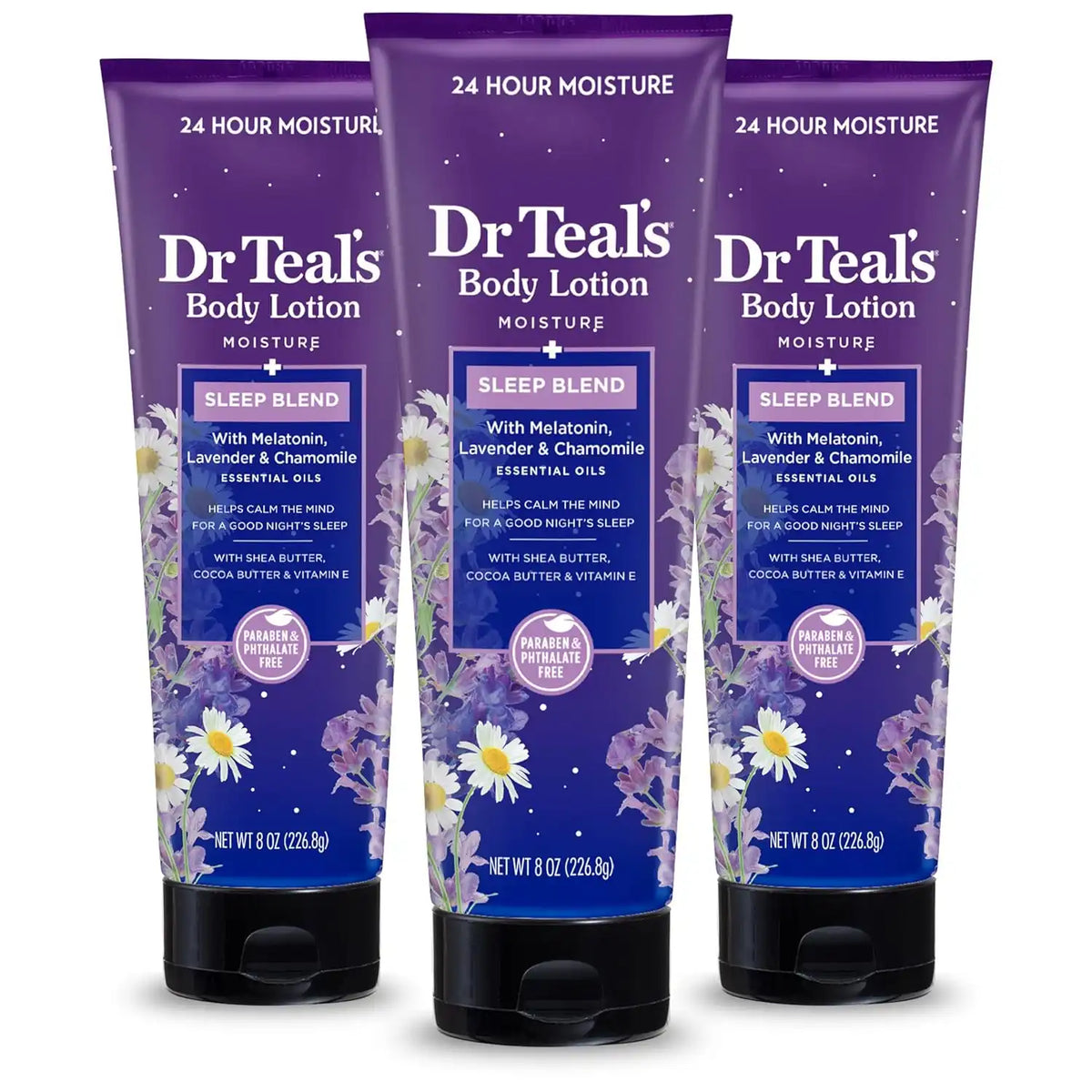 Dr Teal's Sleep Body Lotion, 24-Hour Moisture, with Melatonin, Lavender & Chamomile Essential Oils, 8 fl oz (Pack of 3)