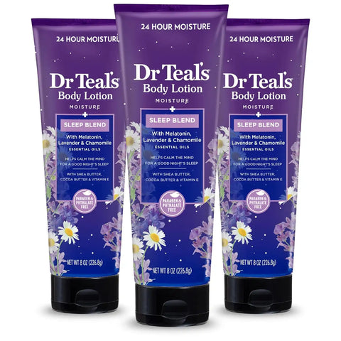 Dr Teal's Sleep Body Lotion, 24-Hour Moisture, with Melatonin, Lavender & Chamomile Essential Oils, 8 fl oz (Pack of 3)