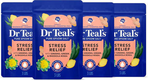 Dr Teal's Epsom Salt Magnesium Soak, Salt Stress Relief with Ginseng & Ginger Essential Oils, 3 lbs (Pack of 4)