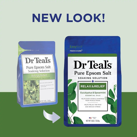 Dr Teal's Body Wash with Pure Epsom Salt, Relax & Relief with Eucalyptus & Spearmint, 24 fl oz (Pack of 4) (Packaging May Vary) & Pure Epsom Salt Soak, Relax & Relief with Eucalyptus & Spearmint, 3lbs