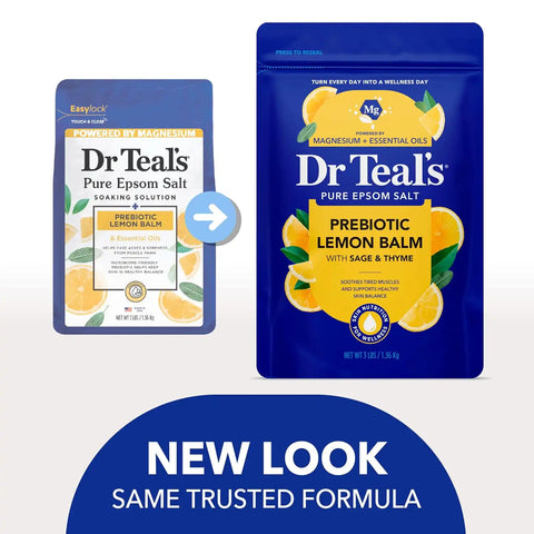 Dr Teal's Pure Epsom Magnesium Salt Soak, Prebiotic Lemon Balm & Essential Oil, 3 lbs (Pack of 4)