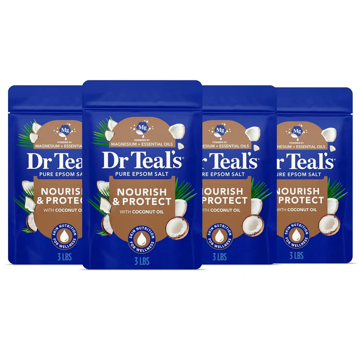 Dr Teal's Epsom Salt Magnesium Soak, Nourish & Protect with Coconut Oil, 3 lbs (Pack of 4)