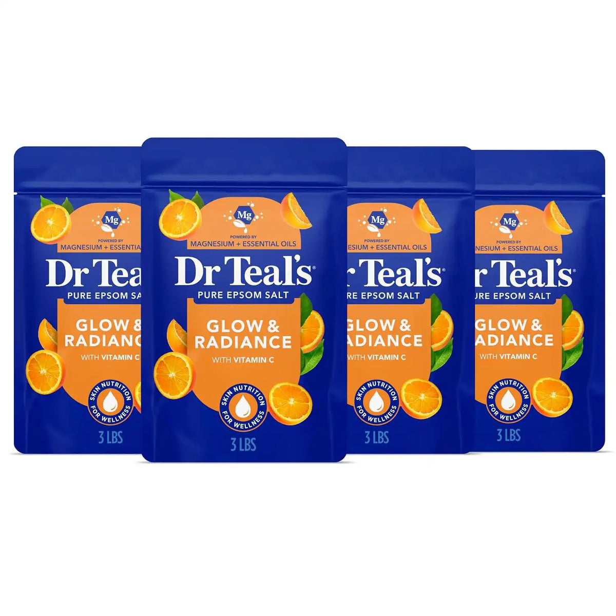 Dr Teal's Epsom Salt Magnesium Soak, Glow & Radiance with Vitamin C & Citrus Essential Oils, 3 lbs (Pack of 4)