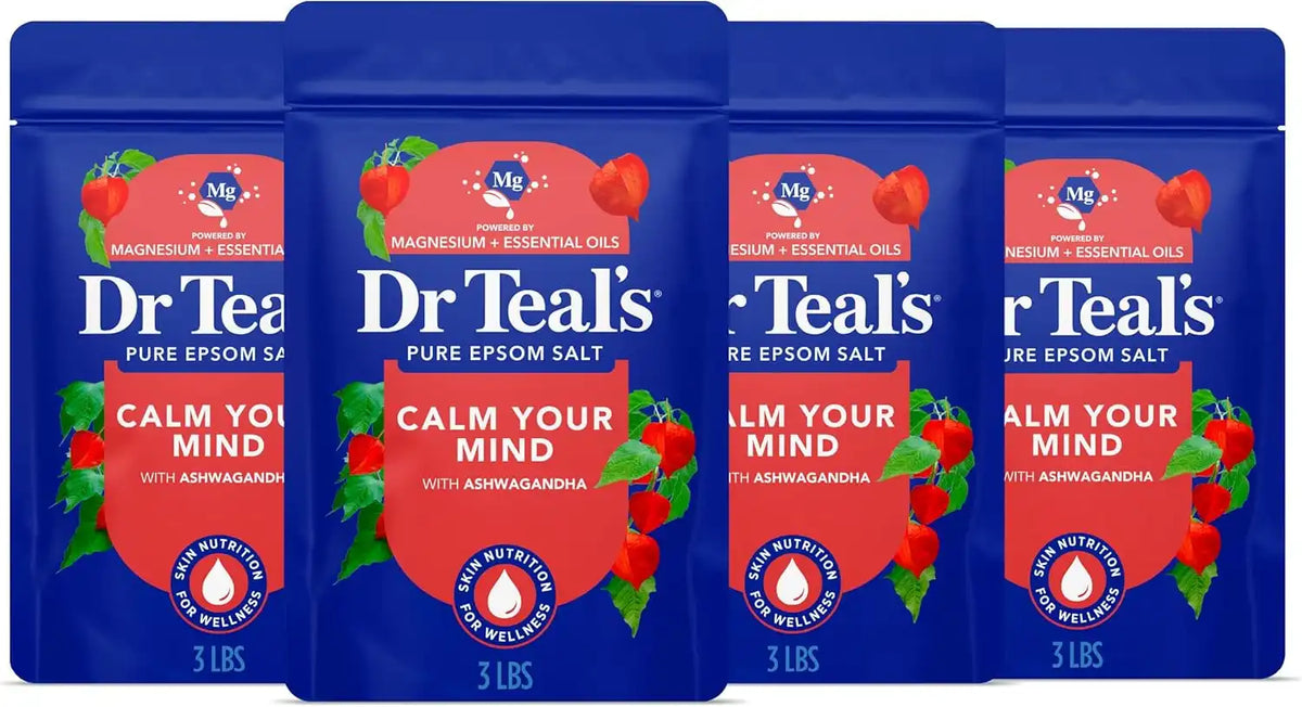 Dr Teal's Epsom Salt Magnesium Soak, Ashwagandha & Essential Oils, 3 lbs (Pack of 4)
