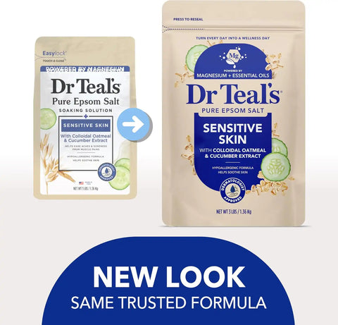 Dr Teal's Epsom Salt Magnesium Soak, Sensitive Skin with Colloidal Oatmeal & Cucumber, 3 lbs (Pack of 4)