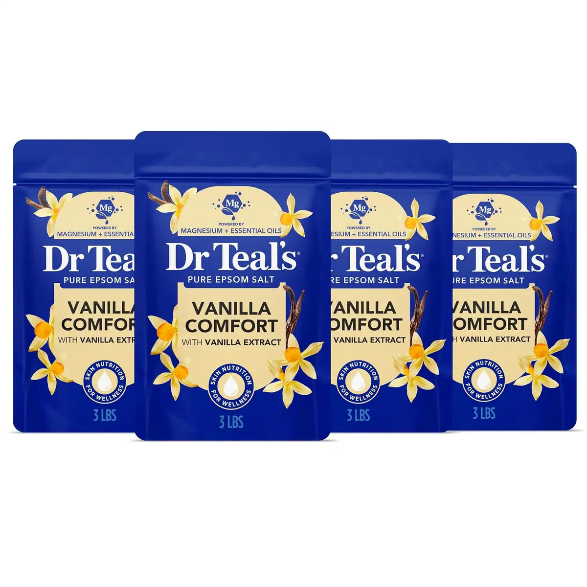 Dr Teal's Epsom Salt Magnesium Soak, Vanilla Comfort, 3 lbs (Pack of 4)