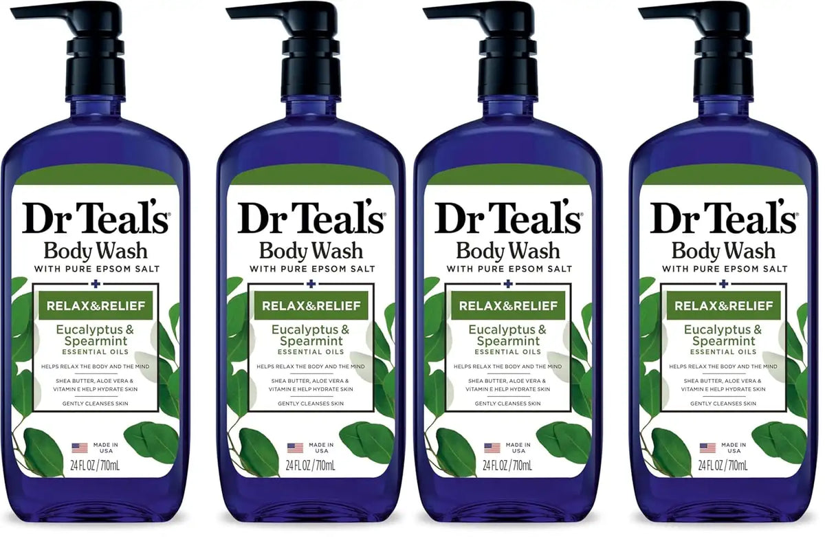 Dr Teal's Body Wash with Pure Epsom Salt, Relax & Relief with Eucalyptus & Spearmint, 24 fl oz (Pack of 4)