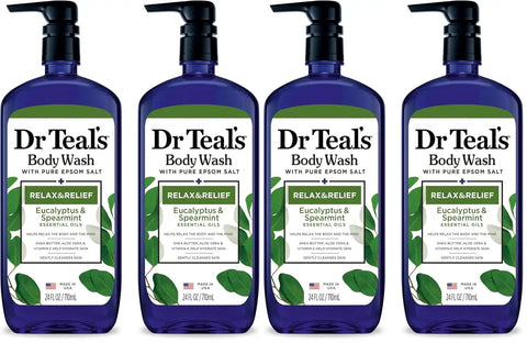 Dr Teal's Body Wash with Pure Epsom Salt, Relax & Relief with Eucalyptus & Spearmint, 24 fl oz (Pack of 4)