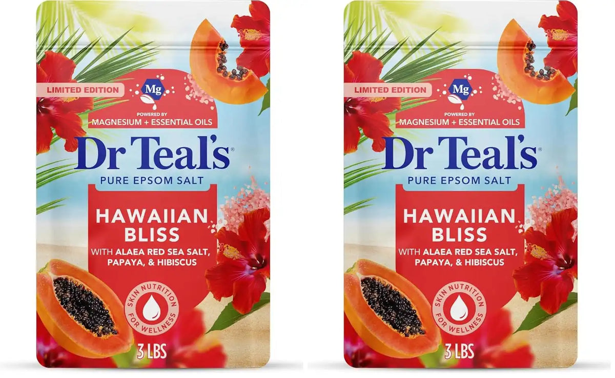 Dr Teal's Epsom Salt Magnesium Soak, Limited Edition Hawaiian Bliss, 3lbs (Pack of 2)