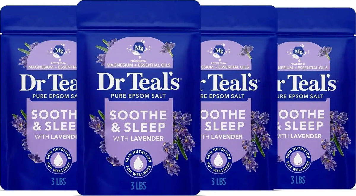 Dr Teal's Pure Epsom Magnesium Salt Soak, Soothe & Sleep with Lavender, 3 lb (Pack of 4)