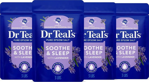 Dr Teal's Pure Epsom Magnesium Salt Soak, Soothe & Sleep with Lavender, 3 lb (Pack of 4)