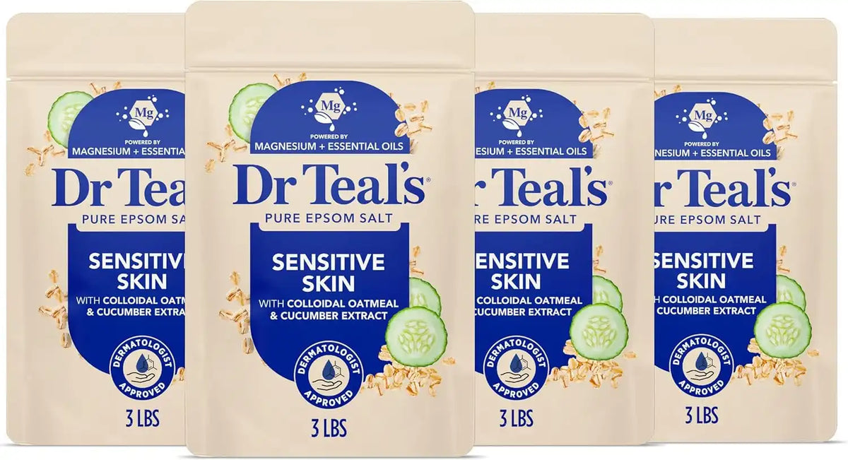 Dr Teal's Epsom Salt Magnesium Soak, Sensitive Skin with Colloidal Oatmeal & Cucumber, 3 lbs (Pack of 4)