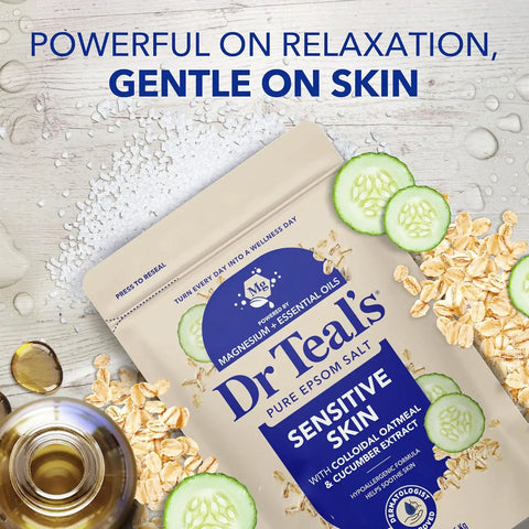 Dr Teal's Epsom Salt Magnesium Soak, Sensitive Skin with Colloidal Oatmeal & Cucumber, 3 lbs (Pack of 4)