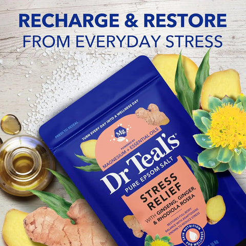 Dr Teal's Epsom Salt Magnesium Soak, Salt Stress Relief with Ginseng & Ginger Essential Oils, 3 lbs (Pack of 4)