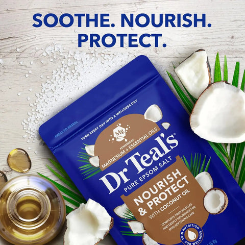 Dr Teal's Epsom Salt Magnesium Soak, Nourish & Protect with Coconut Oil, 3 lbs (Pack of 4)